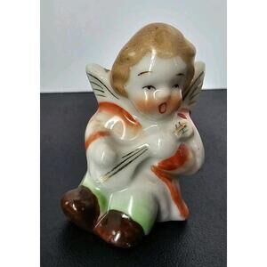 Antique Porcelain Angel Figurine Playing Instrument Made In Occupied Japan